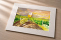 Abundance – matted fine art print of a vineyard sunset with wine and grapes in watercolor by Patti Vrabel