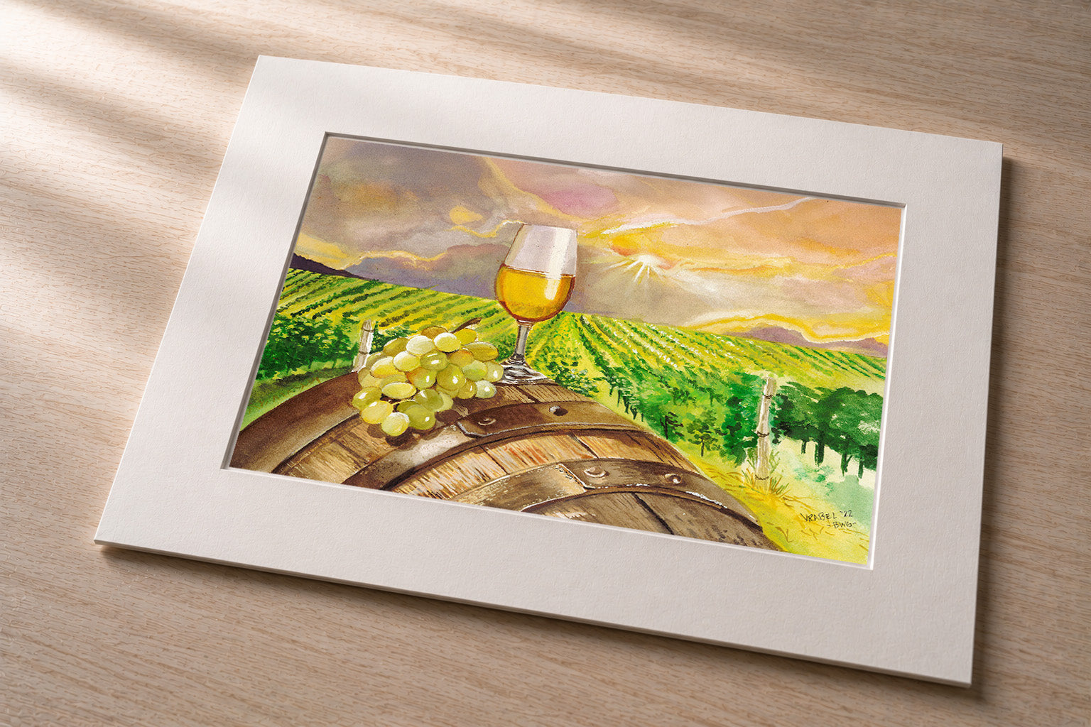 Abundance – matted fine art print of a vineyard sunset with wine and grapes in watercolor by Patti Vrabel