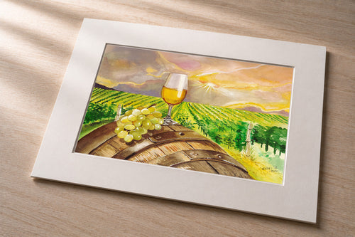 Abundance – matted fine art print of a vineyard sunset with wine and grapes in watercolor by Patti Vrabel