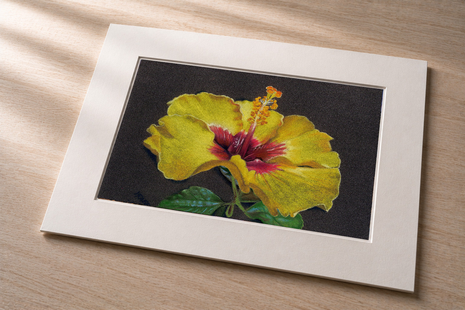 Crimson Core – matted fine art print of a golden hibiscus in pastel by Patti Vrabel