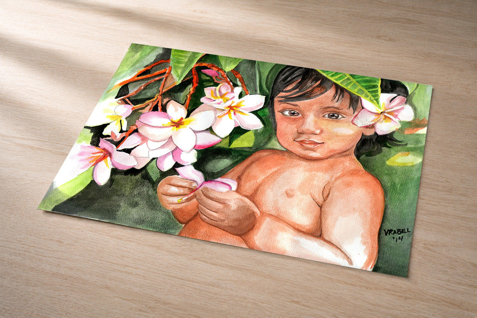 Keiki with Plumeria – metal fine art print of a Hawaiian baby with plumeria flowers by Patti Vrabel