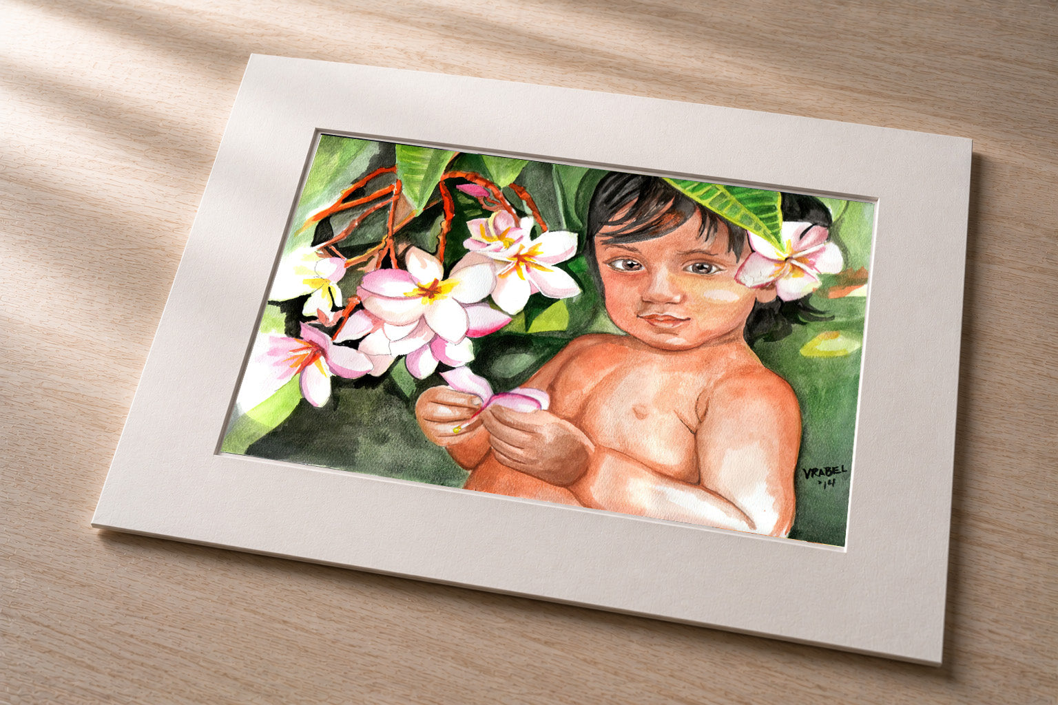 Keiki with Plumeria – matted fine art print of a Hawaiian child with plumeria blossoms in watercolor by Patti Vrabel