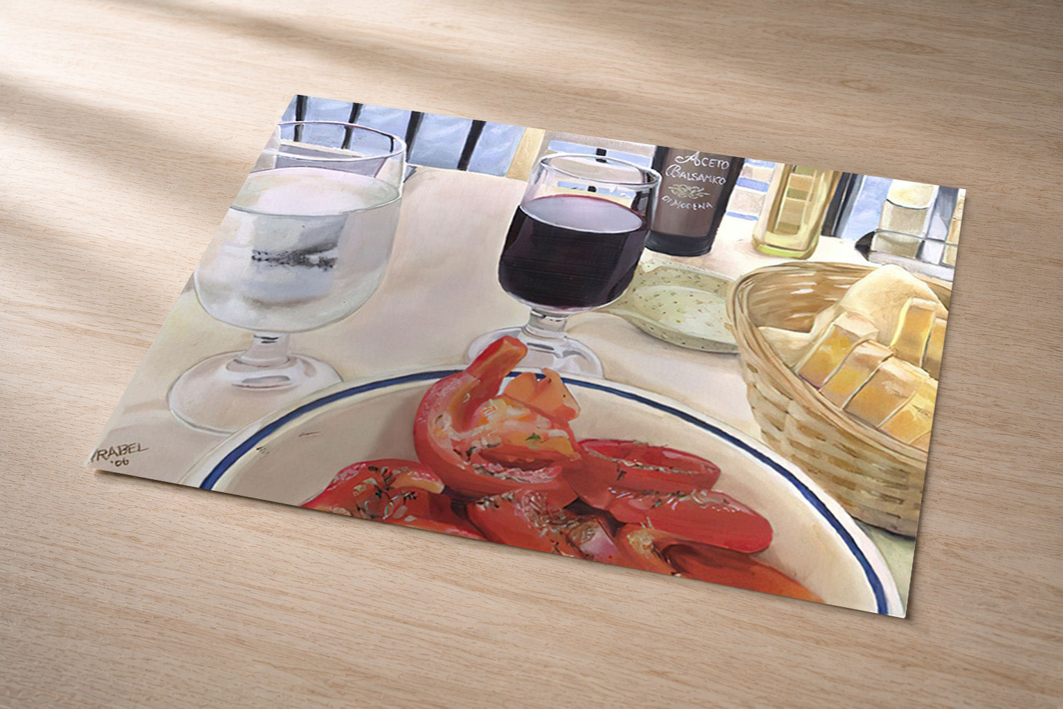 Lunch in France – metal fine art print of a French table with tomatoes, wine, and bread by Patti Vrabel