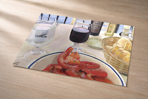 Lunch in France – metal fine art print of a French table with tomatoes, wine, and bread by Patti Vrabel
