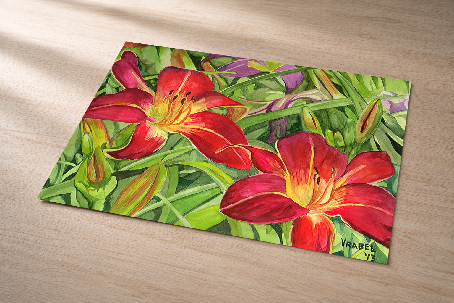 Red Day Lily – metal fine art print of crimson day lilies in watercolor by Patti Vrabel