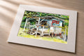Waikane Fruit Stand – matted fine art print of the Waikane Hut Fruit Stand in watercolor by Patti Vrabel