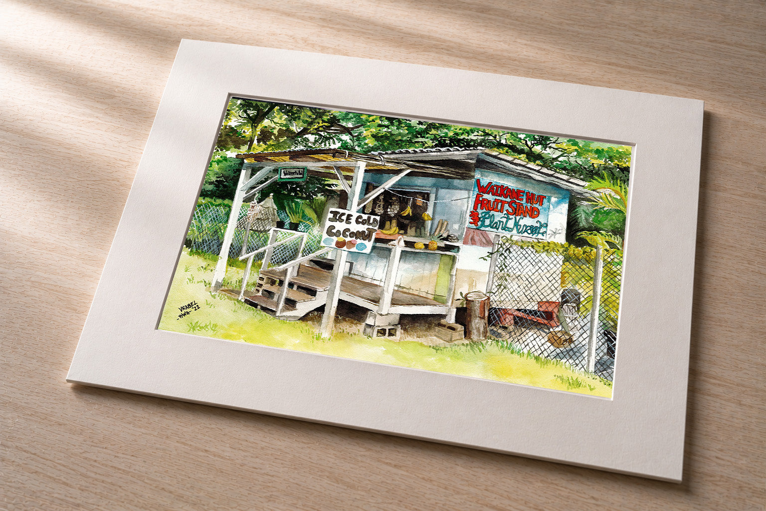 Waikane Fruit Stand – matted fine art print of the Waikane Hut Fruit Stand in watercolor by Patti Vrabel