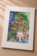 Lily Pads and Koi – matted fine art print of koi fish and a lavender lotus in a Hawaiian pond in watercolor by Patti Vrabel