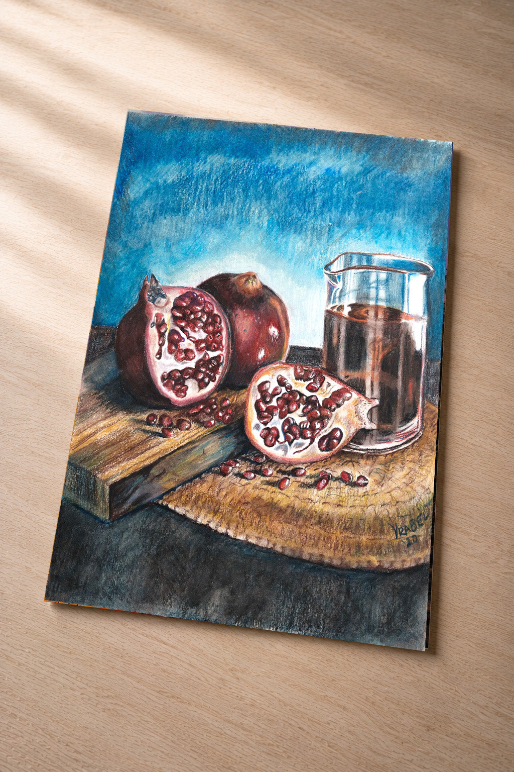 Pomegranate Still Life – metal fine art print of pomegranates and juice in colored pencil by Patti Vrabel