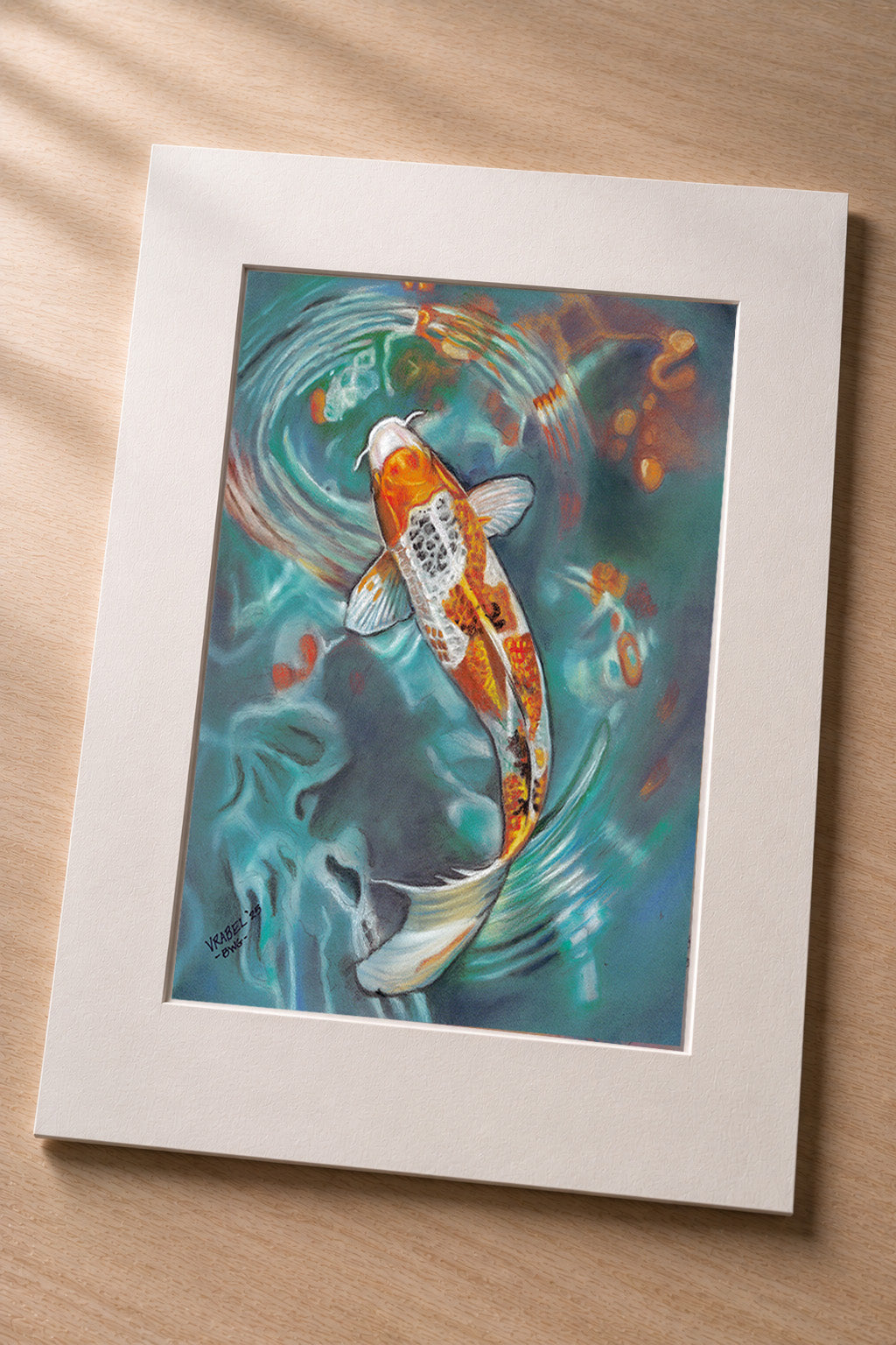 Ripples of Serenity – matted fine art print of a koi in teal water in pastel by Patti Vrabel