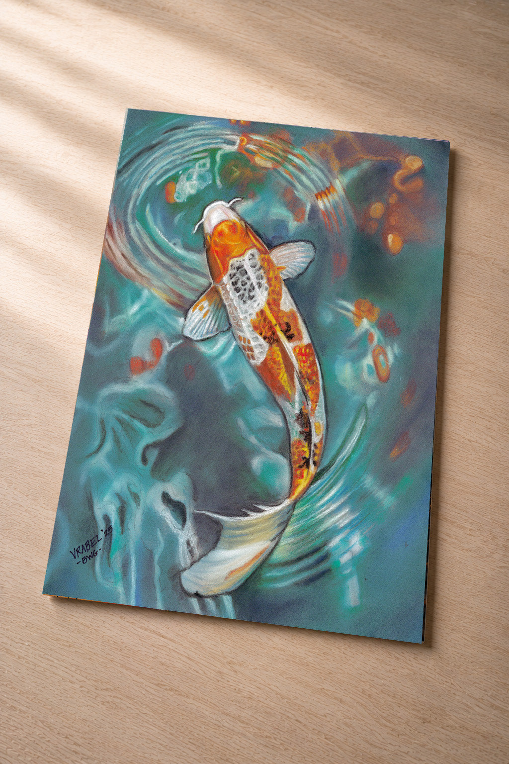 Ripples of Serenity – metal fine art print of a koi in teal water in pastel by Patti Vrabel