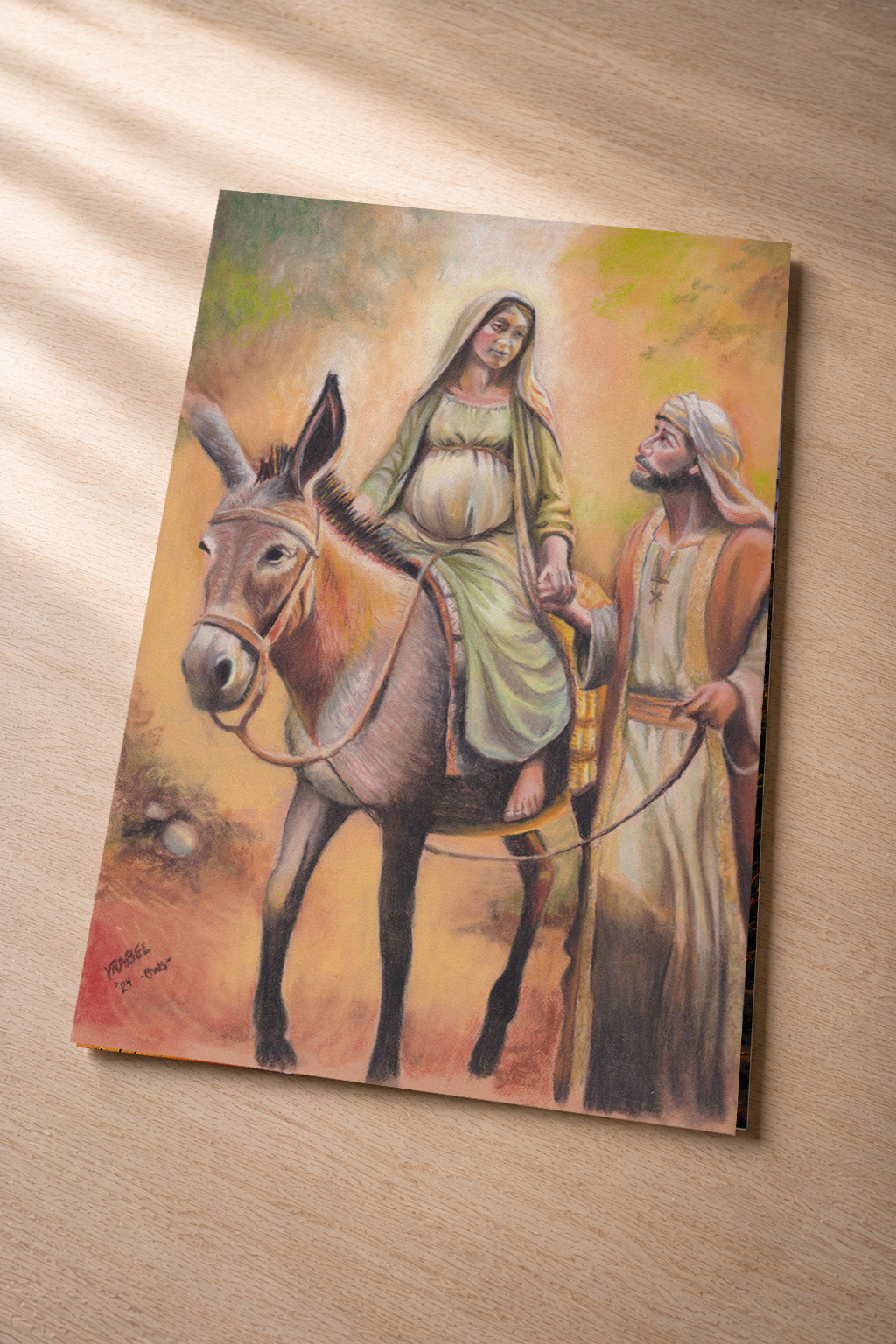 Sacred Journey – metal fine art print of Mary riding a donkey with Joseph by Patti Vrabel