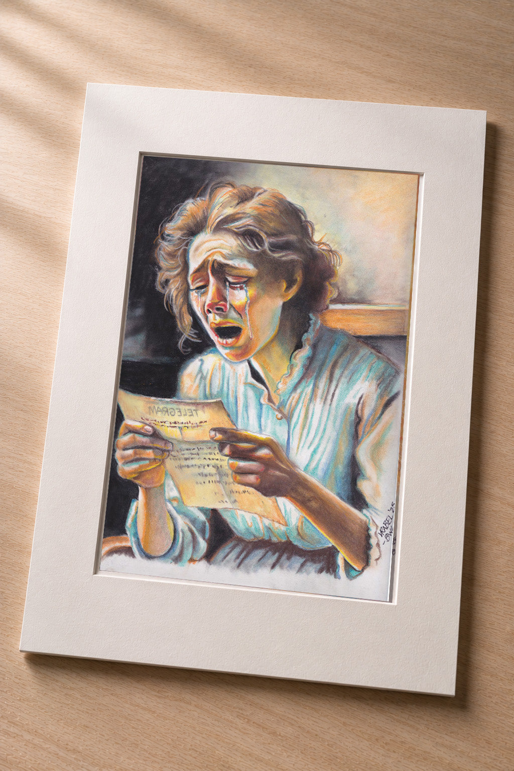 The Telegram – matted fine art print of a grieving woman reading a telegram in pastel by Patti Vrabel
